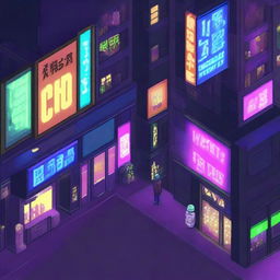 A high-resolution pixel art image presents a vibrant and bustling metropolis under neon lights