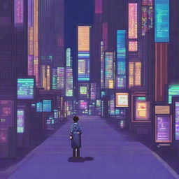 A high-resolution pixel art image presents a vibrant and bustling metropolis under neon lights