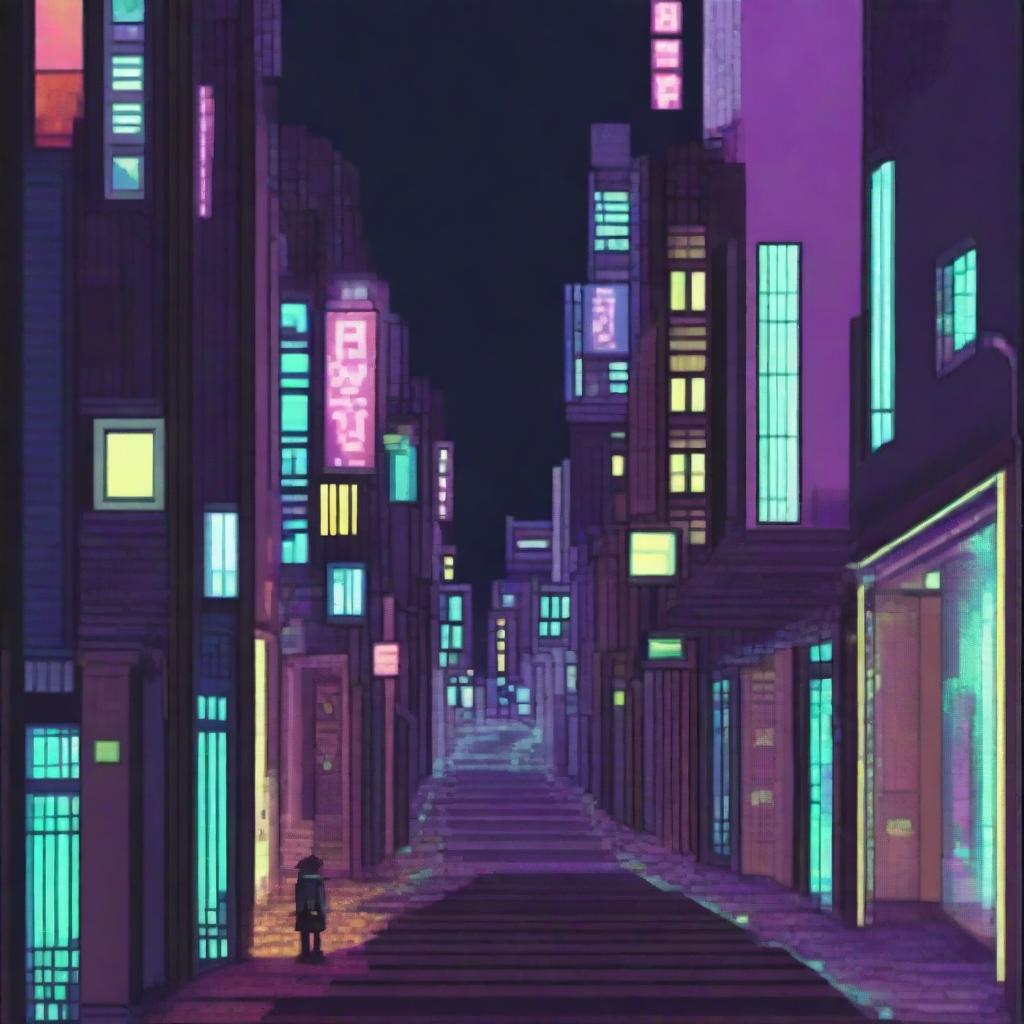 This is a high-quality pixel art image of a city transforming under the night's cloak