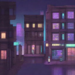 This is a high-quality pixel art image of a city transforming under the night's cloak