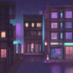 This is a high-quality pixel art image of a city transforming under the night's cloak