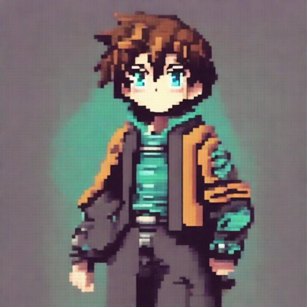 This image presents a high-quality pixel art representation of an anime boy character