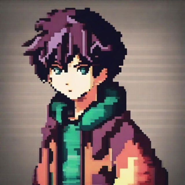 This image presents a high-quality pixel art representation of an anime boy character