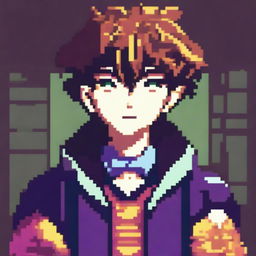 This image presents a high-quality pixel art representation of an anime boy character