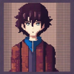 This image presents a high-quality pixel art representation of an anime boy character