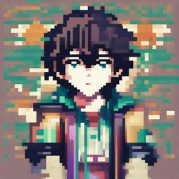 This is a high-resolution pixel art image of a colorful anime boy character