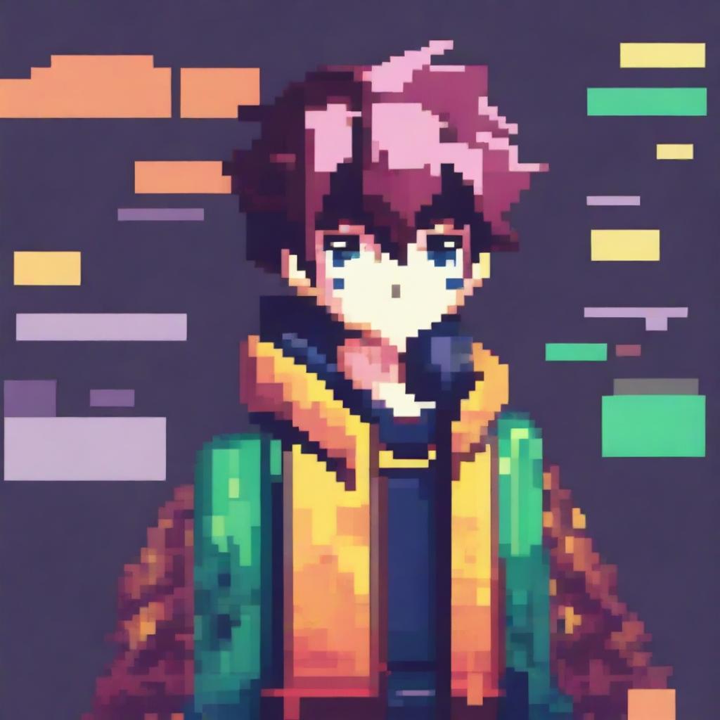 This is a high-resolution pixel art image of a colorful anime boy character