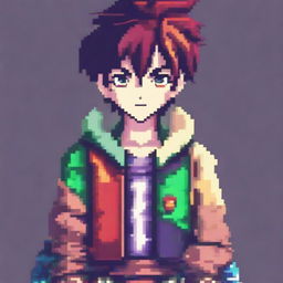 This is a high-resolution pixel art image of a colorful anime boy character