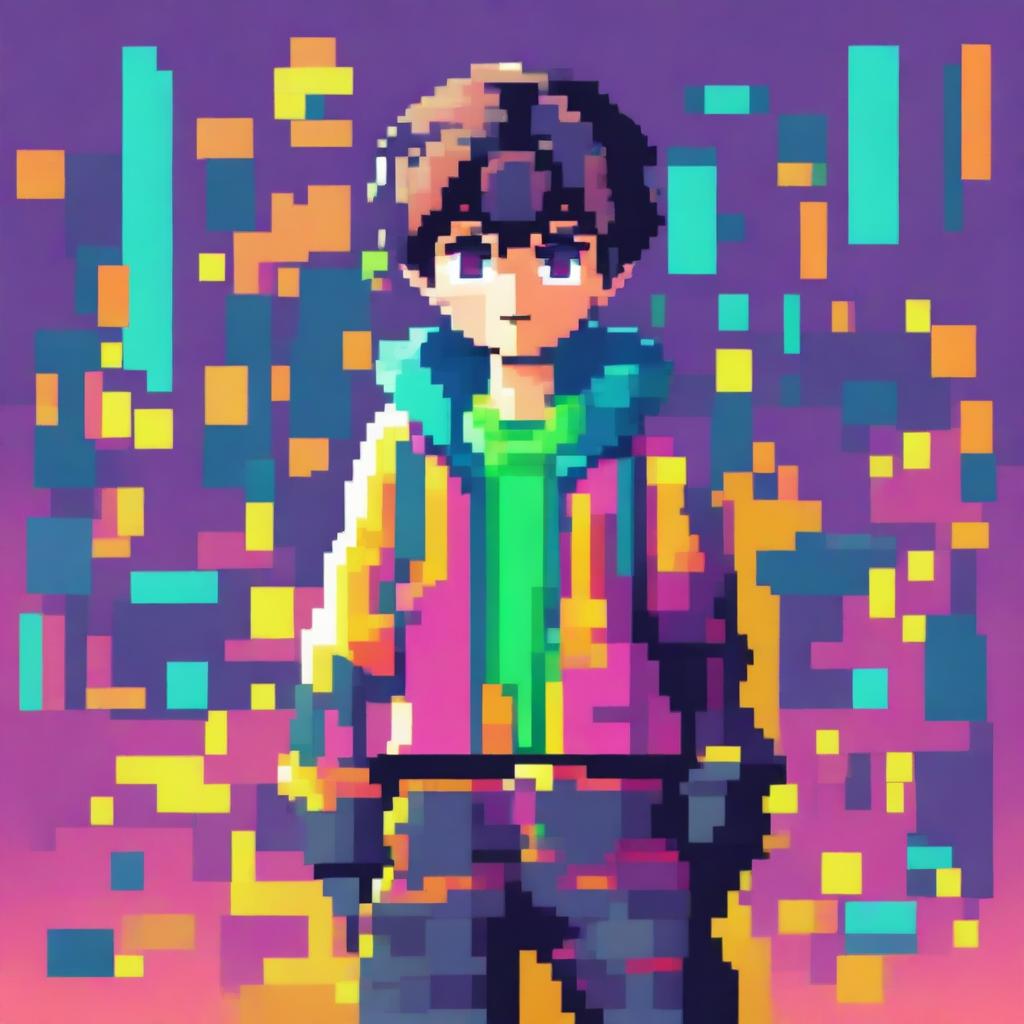 This is a pixel art image of a bright, colorful anime boy character