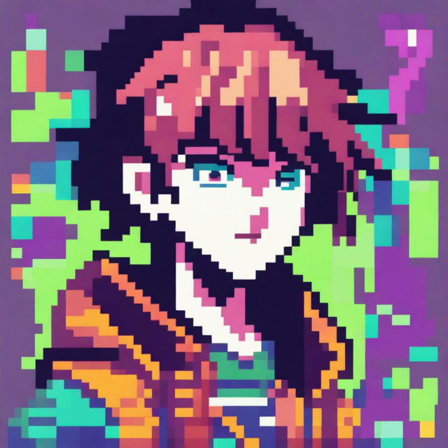 This is a pixel art image of a bright, colorful anime boy character