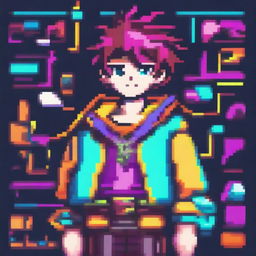 This is a pixel art image of a bright, colorful anime boy character