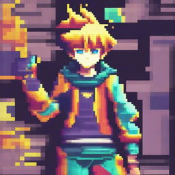 This is a pixel art image of a bright, colorful anime boy character