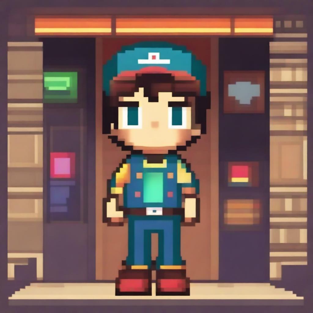 This image features a pixel art representation of a boy character, brimming with bright and colorful details