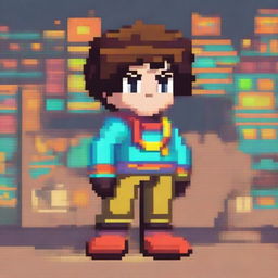 This image features a pixel art representation of a boy character, brimming with bright and colorful details