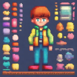 This image features a pixel art representation of a boy character, brimming with bright and colorful details