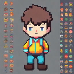 This image features a pixel art representation of a boy character, brimming with bright and colorful details