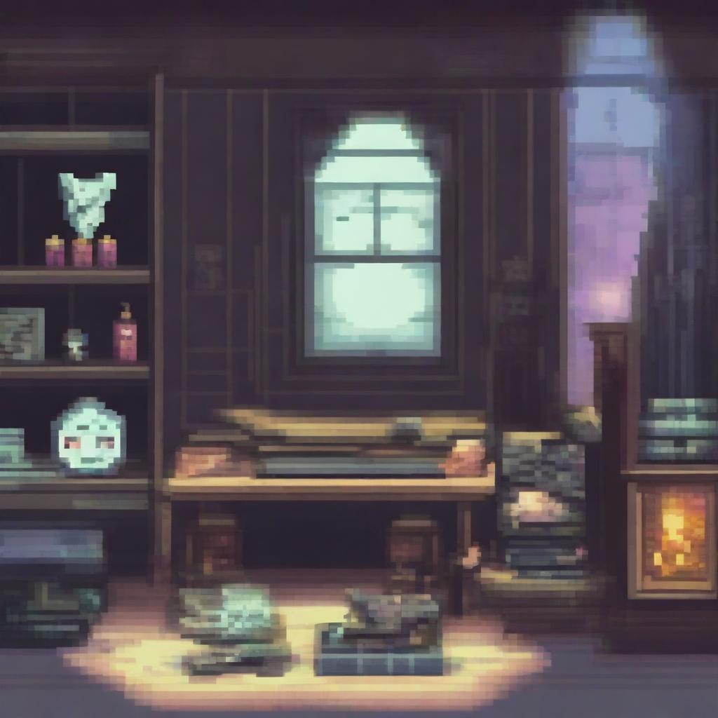 This pixel art image vividly narrates a story set in a world where technology and magic coexist