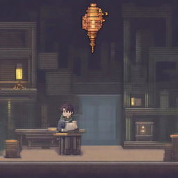 This pixel art image vividly narrates a story set in a world where technology and magic coexist