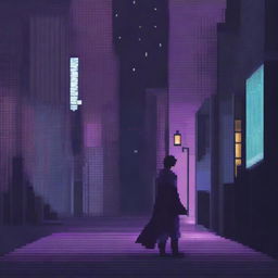 This pixel art image portrays an anime boy named Ren venturing into a cityscape under the cloak of night