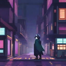 This pixel art image portrays an anime boy named Ren venturing into a cityscape under the cloak of night