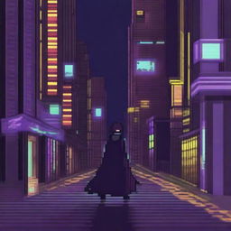 This pixel art image portrays an anime boy named Ren venturing into a cityscape under the cloak of night