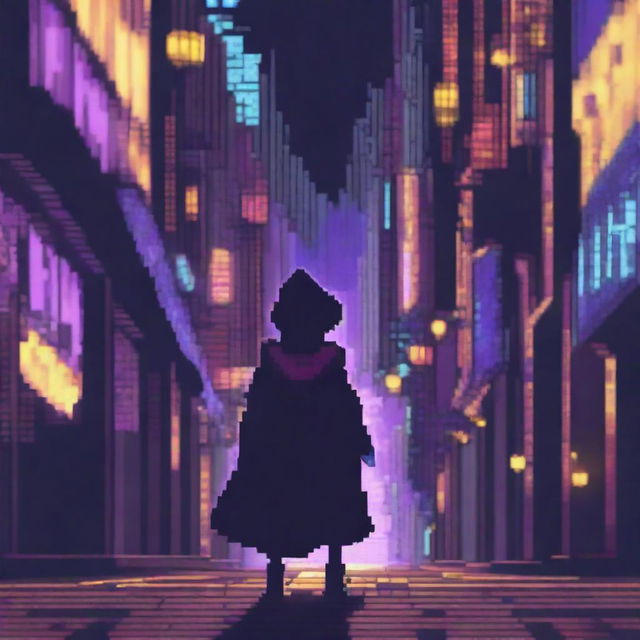 This pixel art image portrays an anime boy named Ren venturing into a cityscape under the cloak of night