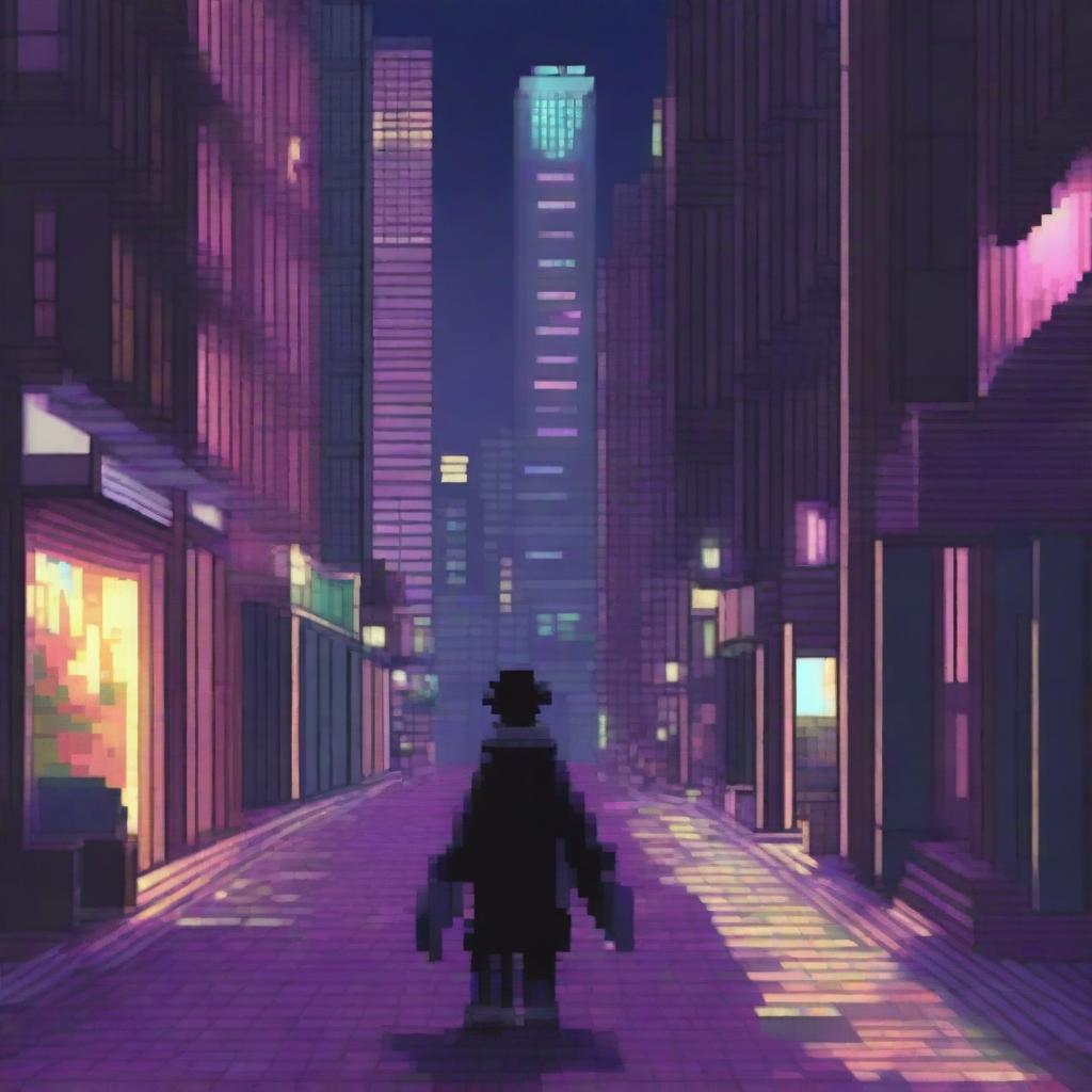 This pixel art image portrays an anime boy named Ren venturing into a cityscape under the cloak of night