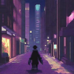 This pixel art image portrays an anime boy named Ren venturing into a cityscape under the cloak of night