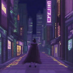 This pixel art image portrays an anime boy named Ren venturing into a cityscape under the cloak of night