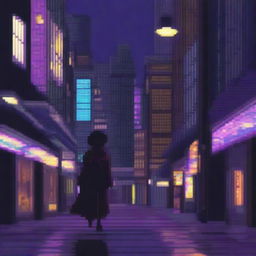 This pixel art image portrays an anime boy named Ren venturing into a cityscape under the cloak of night