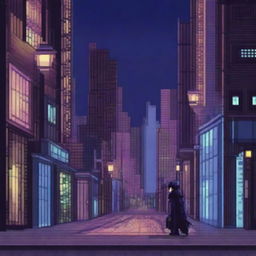 This pixel art image portrays an anime boy named Ren venturing into a cityscape under the cloak of night