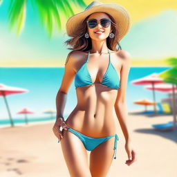 An image of a woman in a micro bikini, poised confidently on a sunny beach