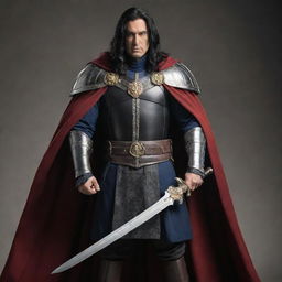 A regal king with long, tied-back black hair, adorned in a combat outfit and cloak, wielding a mighty sword.