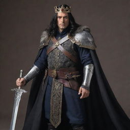 A regal king with long, tied-back black hair, adorned in a combat outfit and cloak, wielding a mighty sword.