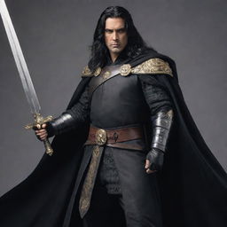 A regal king with long, tied-back black hair, adorned in a combat outfit and cloak, wielding a mighty sword.