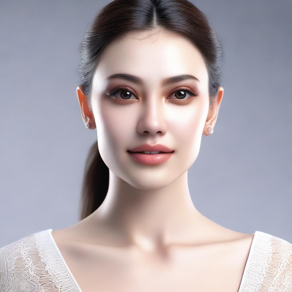 This is an ultra-realistic 3D render of an attractive young woman