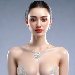 This is an ultra-realistic 3D render of an attractive young woman