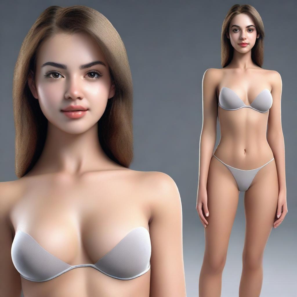 An ultra-realistic 3D render showcasing a beautiful young woman with a perfect face and a well-proportioned figure