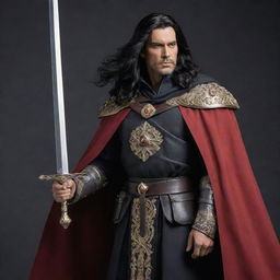 A regal king with long, tied-back black hair, adorned in a combat outfit and cloak, wielding a mighty sword.