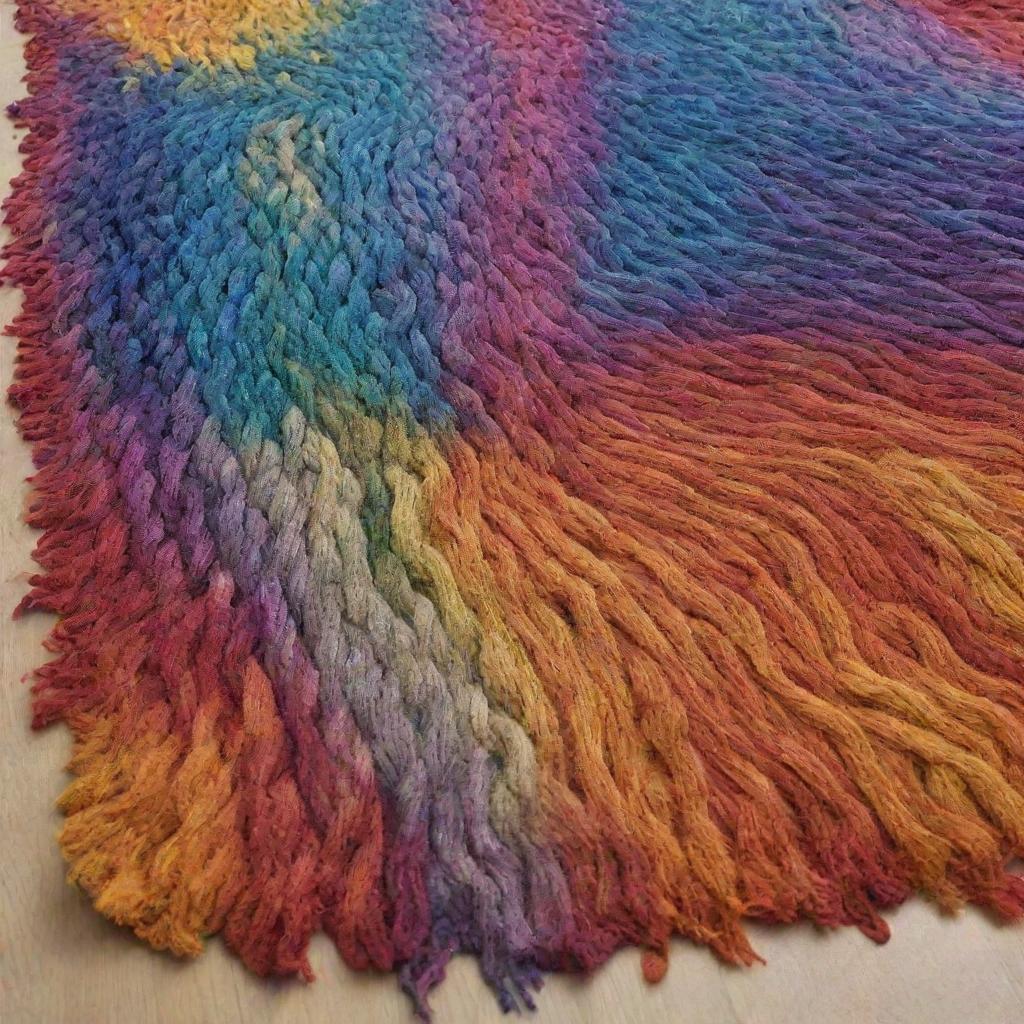 A partially woven rug, the rest of the weave appearing like liquid colors melting together