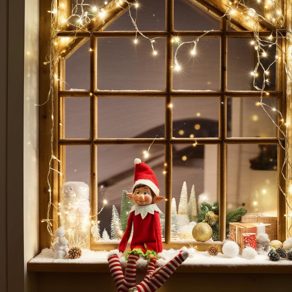 A mischievous elf sitting on a wooden shelf in a warm, cozy room, filled with holiday decorations, string lights and snow outside the window.