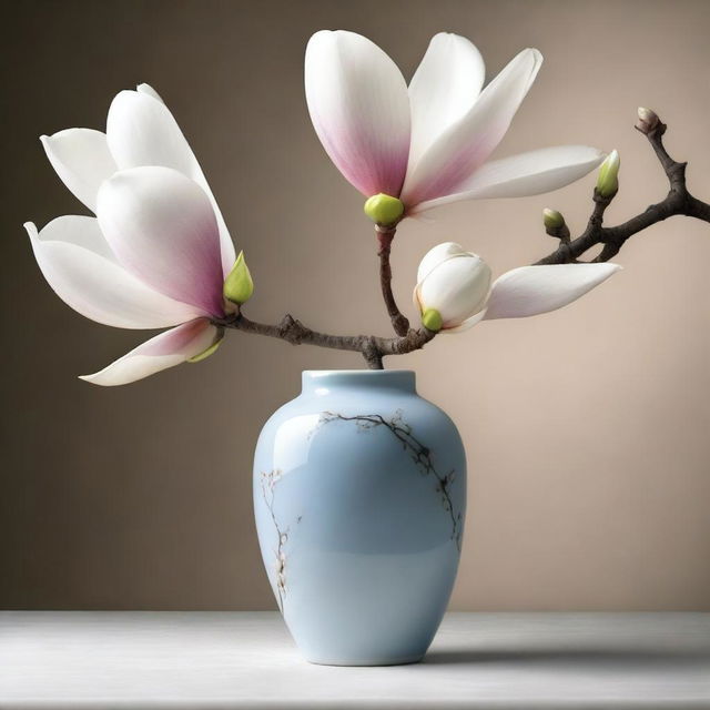 This is a high-resolution digital art image capturing a magnolia tree branch delicately placed inside a porcelain vase