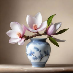 This is a high-resolution digital art image capturing a magnolia tree branch delicately placed inside a porcelain vase