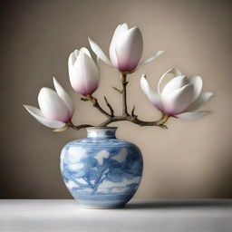 This is a high-resolution digital art image capturing a magnolia tree branch delicately placed inside a porcelain vase