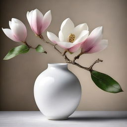 This is a high-resolution digital art image capturing a magnolia tree branch delicately placed inside a porcelain vase