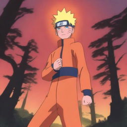 The image showcases Naruto Uzumaki, clothed in his distinctive bright orange jumpsuit, standing resolutely against a sunset backdrop