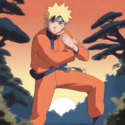 The image showcases Naruto Uzumaki, clothed in his distinctive bright orange jumpsuit, standing resolutely against a sunset backdrop