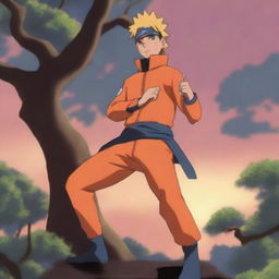 The image showcases Naruto Uzumaki, clothed in his distinctive bright orange jumpsuit, standing resolutely against a sunset backdrop