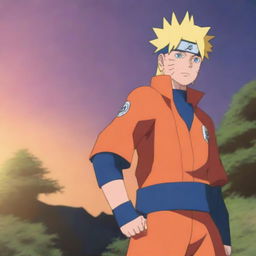 The image showcases Naruto Uzumaki, clothed in his distinctive bright orange jumpsuit, standing resolutely against a sunset backdrop