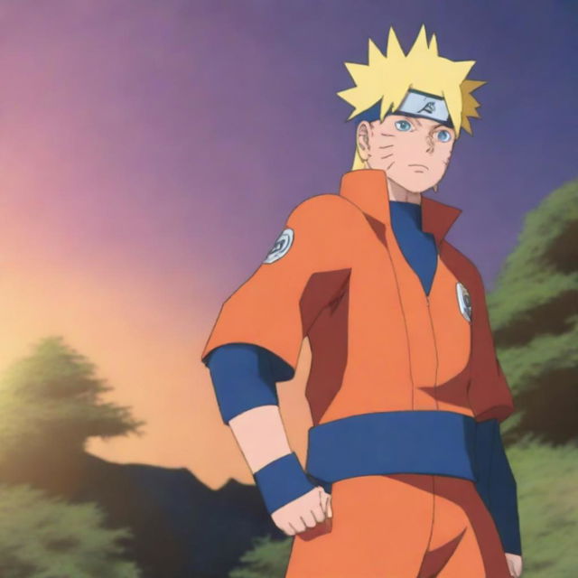 The image showcases Naruto Uzumaki, clothed in his distinctive bright orange jumpsuit, standing resolutely against a sunset backdrop